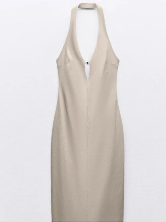 Zara tan v neck halter open back sheath dress - Picture 1 of 13